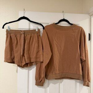 Matching 2PC Tan Brown Lounge Crewneck Sweater Shorts Set Size Small